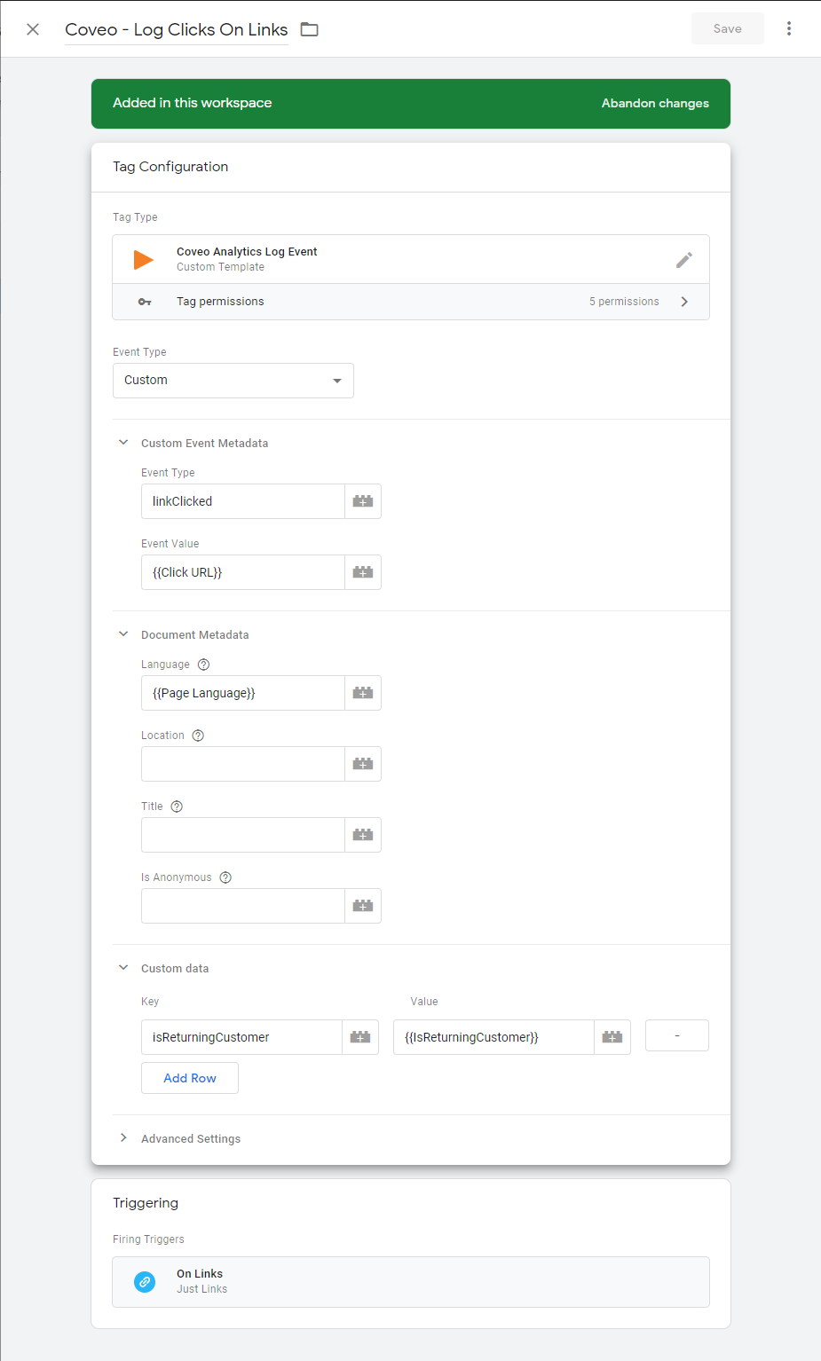 Coveo - Log Click Configuration